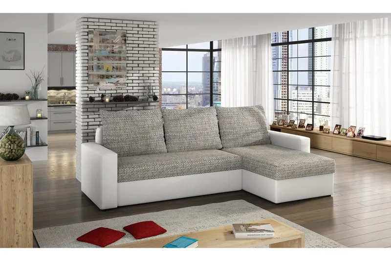 Eguino 3-sits Höger Hörnbäddsoffa i Tyg med Konstläderunderrede - Ljusgrå Melerad - Möbler - Soffa - Bäddsoffa - Bäddsoffa divan