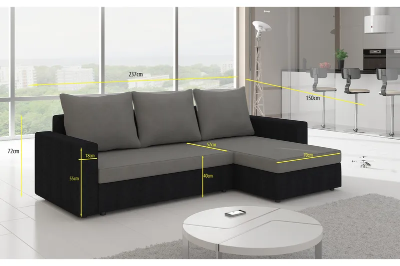 Eguino 3-sits Höger Hörnbäddsoffa i Tyg med Konstläderunderrede - Ljusgrå Melerad - Möbler - Soffa - Bäddsoffa - Bäddsoffa divan