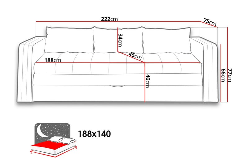 Euforia Soffa 222x75x71 cm - Blå - Möbler - Soffa - Bäddsoffa - 3 sits bäddsoffa