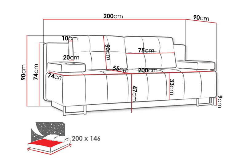 Morenia 3-sits Fällbar Bäddsoffa 146x200 cm med Förvaring i Tyg - Blå - Möbler - Soffa - Bäddsoffa - 3 sits bäddsoffa
