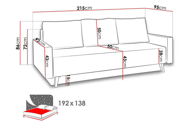 Oviedo 3-sits Bäddsoffa med Förvaring 95x215 cm i Tyg - Grå - Möbler - Soffa - Bäddsoffa - 3 sits bäddsoffa