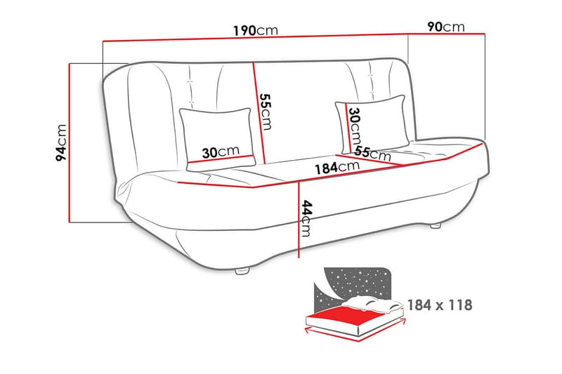Pinto 3-sits Rektangulär Bäddsoffa i Tyg - Röd|Svart - Möbler - Soffa - Bäddsoffa - 3 sits bäddsoffa