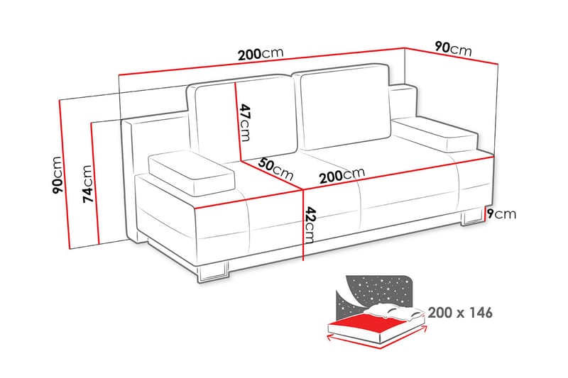 Bäddsoffa Optima 200x90x90 cm - Svart/Grå - Möbler - Soffa - Bäddsoffa - 4 sits bäddsoffa