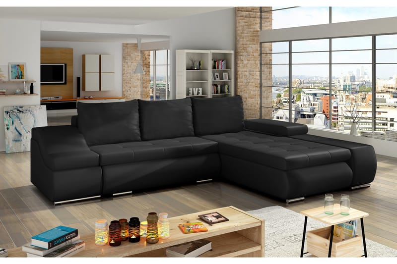 Bäddsoffa Pacios med Divan - Svart - Möbler - Soffa - Bäddsoffa - 4 sits bäddsoffa