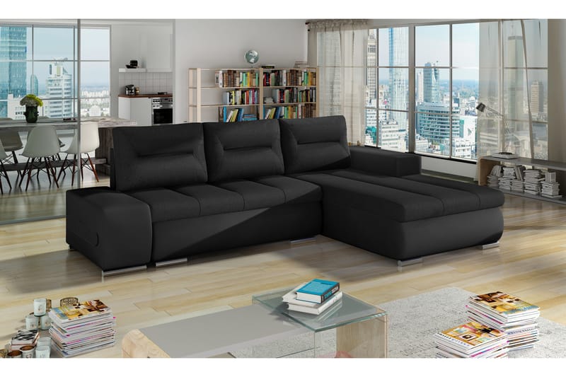 Bäddsoffa Probaos med Divan - Svart/Svart - Möbler - Soffa - Bäddsoffa - 4 sits bäddsoffa