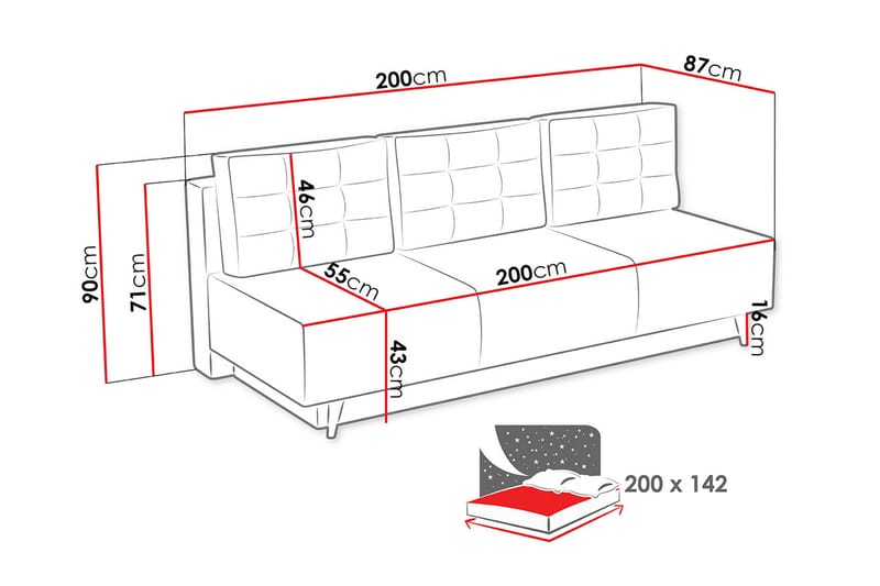 Bella Längsbäddad Bäddsoffa 142x200 cm med Förvaring i Tyg - Grå - Möbler - Soffa - Bäddsoffa - 4 sits bäddsoffa
