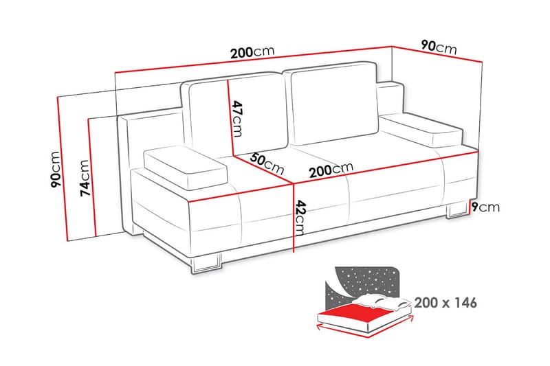 Optima Bäddsoffa 200x90x90 cm - Svart/Grå - Möbler - Soffa - Bäddsoffa - 4 sits bäddsoffa
