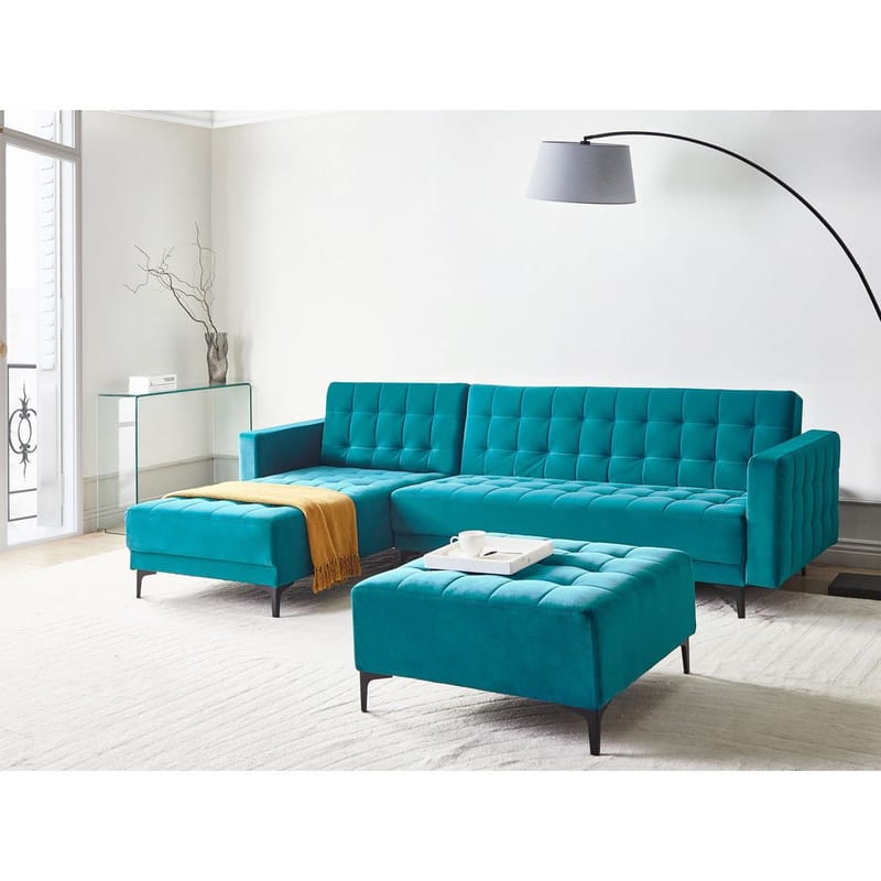 4-sits Hörnsoffa Aberdeen - Havsblå, Svart/Högervänd/Sammet - Möbler - Soffa - Bäddsoffa - Hörnbäddsoffa