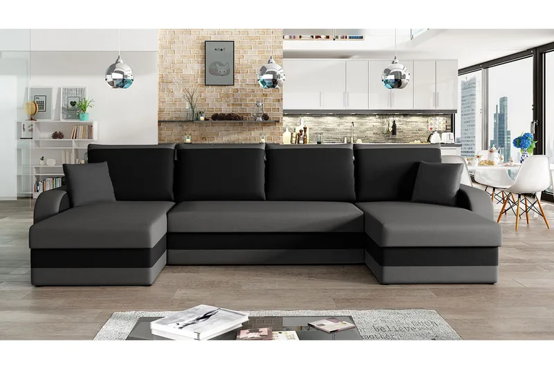 Alvared 4-sits Bäddsoffa med Dubbeldivan med Förvaring - Sammet/Grå/Svart - Möbler - Soffa - Bäddsoffa - Bäddsoffa divan