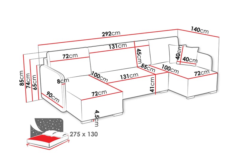 Amelus Bäddsoffa Dubbeldivan 4-sits - Grå - Möbler - Soffa - Bäddsoffa - U bäddsoffa