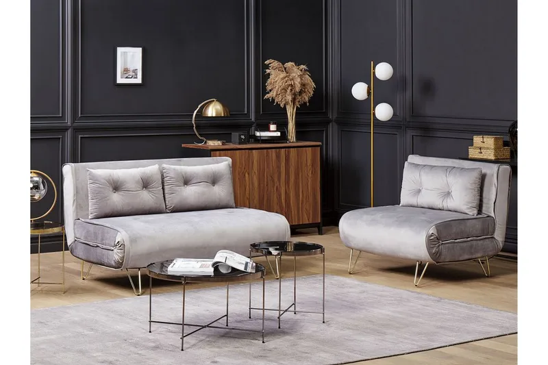 Bäddsoffa 1-sits sammet grå VESTFOLD - Grå - Möbler - Soffa - Bäddsoffa - Framåtbäddad bäddsoffa