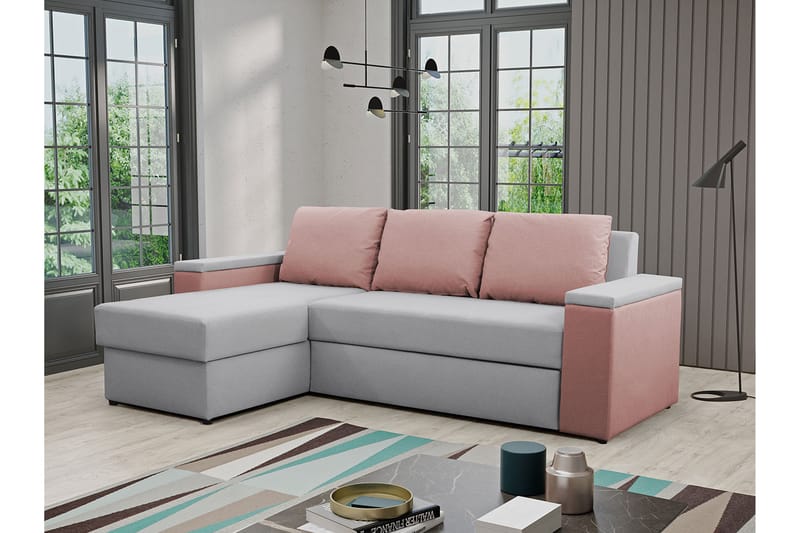 3-sits Bäddsoffa med Divan Herisa med Förvaring - Grå/Rosa - Bäddsoffa divan