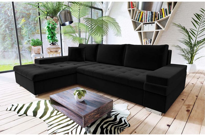 3-sits Vänster L-formad Bäddsoffa med Divan och Förvaring i Tyg - Svart - Möbler - Soffa - Bäddsoffa - Bäddsoffa divan