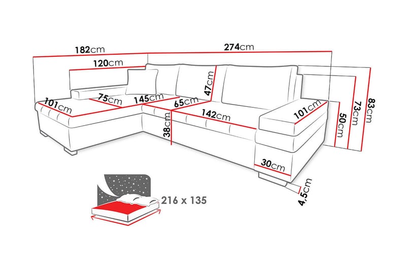 3-sits Vänster L-formad Bäddsoffa med Divan och Förvaring i Tyg - Svart - Möbler - Soffa - Bäddsoffa - Bäddsoffa divan