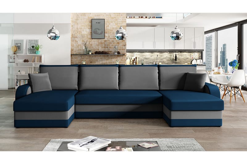 4-sits Bäddsoffa med Divan Nyarp med Kuddar - Sammet/Blå/Grå - Möbler - Soffa - Bäddsoffa - Bäddsoffa divan