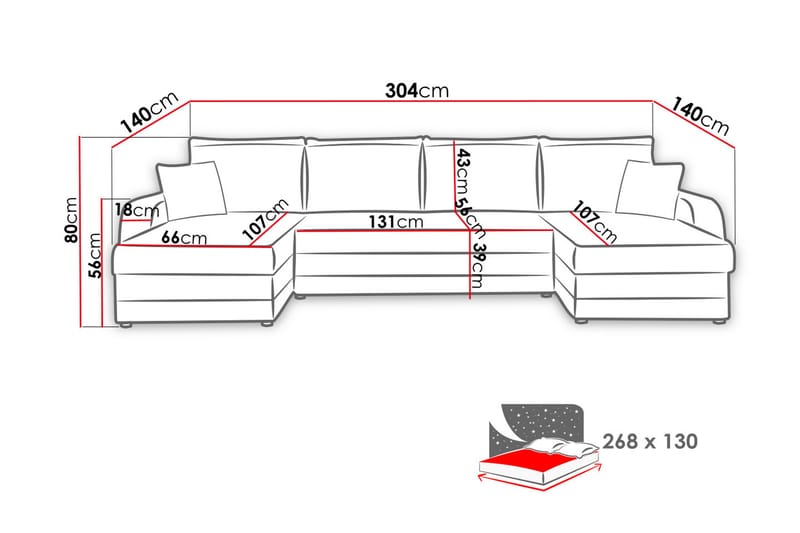 4-sits Bäddsoffa med Dubbeldivan Nyarp med Förvaring - Röd/Svart - Bäddsoffa divan - U bäddsoffa - Sammetssoffa