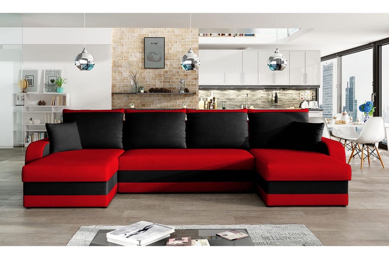 Alvared 4-sits Bäddsoffa med Dubbeldivan med Förvaring - Röd/Svart - Möbler - Soffa - Bäddsoffa - Bäddsoffa divan