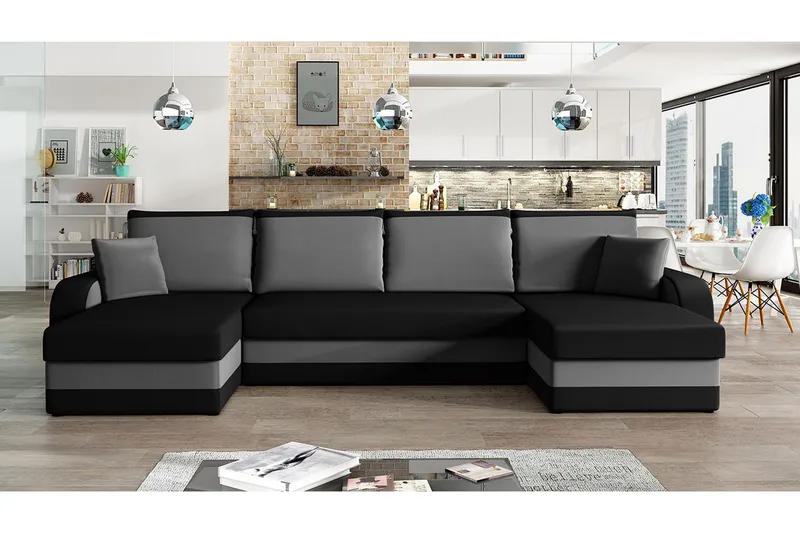 Alvared 4-sits Bäddsoffa med Dubbeldivan med Förvaring - Sammet/Svart/Grå - Möbler - Soffa - Bäddsoffa - Bäddsoffa divan