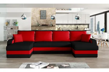 Alvared 4-sits Bäddsoffa med Dubbeldivan med Förvaring - Svart/Röd - Möbler - Soffa - Bäddsoffa - Bäddsoffa divan