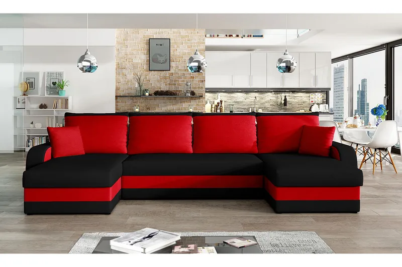 Alvared 4-sits Bäddsoffa med Dubbeldivan med Förvaring - Svart/Röd - Möbler - Soffa - Bäddsoffa - Bäddsoffa divan