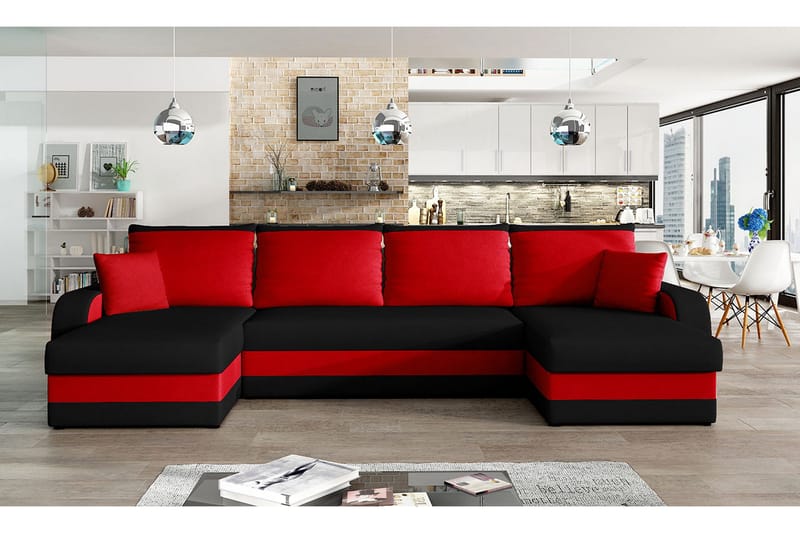 Alvared 4-sits Bäddsoffa med Dubbeldivan med Förvaring - Svart/Röd - Möbler - Soffa - Bäddsoffa - Bäddsoffa divan