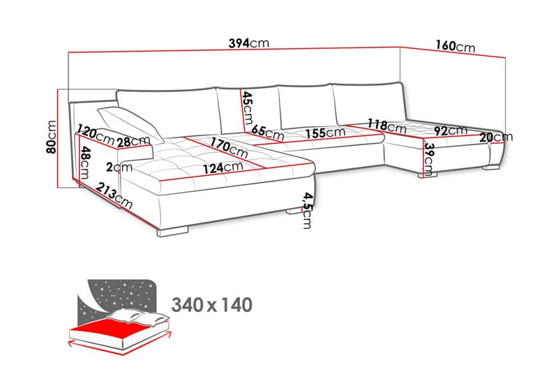 Bäddsoffa Dubbeldivan Mojen 4-sits 340x140 cm U-formad - Grå - Möbler - Soffa - Bäddsoffa - Bäddsoffa divan