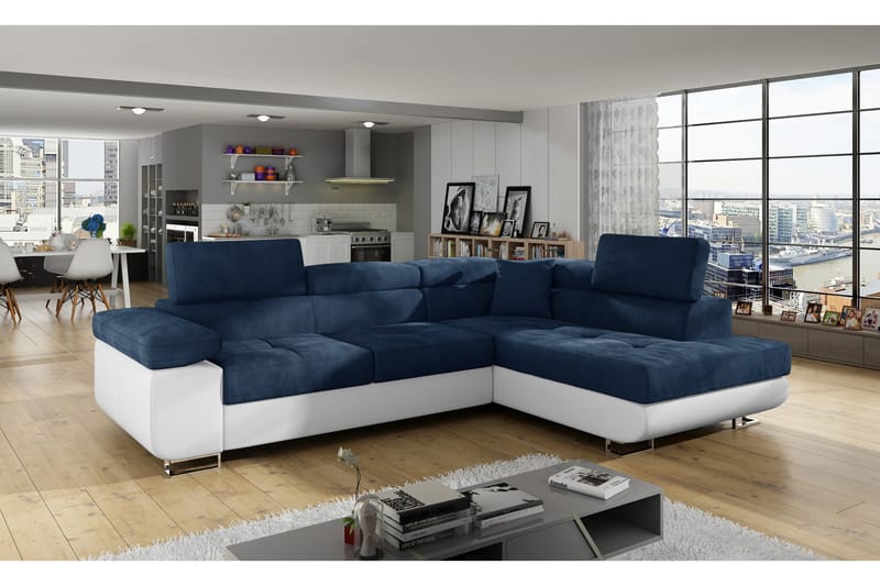 Bäddsoffa Hipolito med Schäslong Höger - Blå/Vit - Möbler - Soffa - Bäddsoffa - Bäddsoffa divan