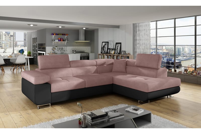 Bäddsoffa Hipolito med Schäslong Höger - Rosa/Svart - Möbler - Soffa - Bäddsoffa - Bäddsoffa divan