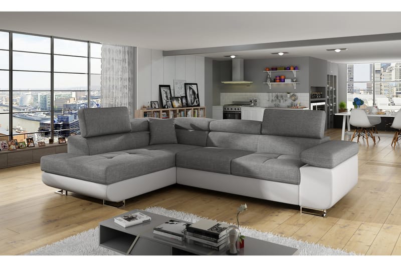 Bäddsoffa Hipolito med Schäslong Vänster - Grå/Vit - Möbler - Soffa - Bäddsoffa - Bäddsoffa divan