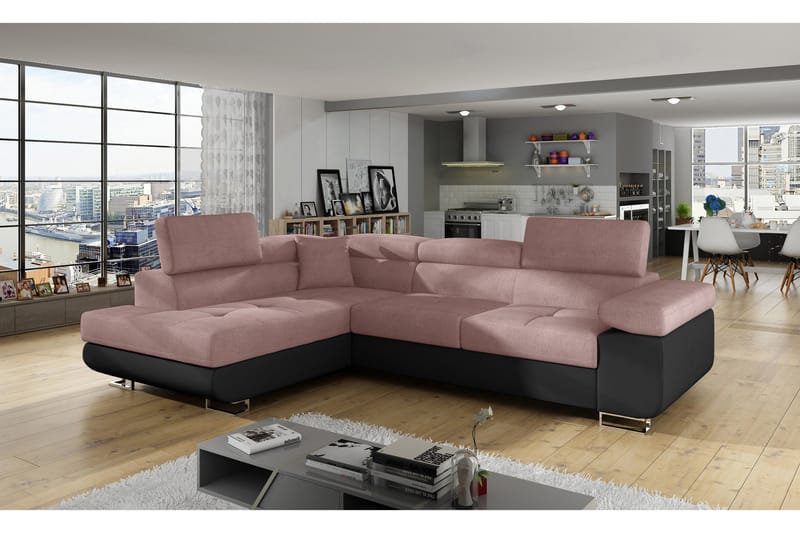 Bäddsoffa Hipolito med Schäslong Vänster - Rosa/Svart - Bäddsoffa divan