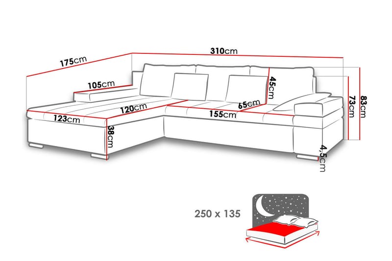 Bäddsoffa m. Divan Consuelo 3-sits L-formad - Rosa - Bäddsoffa divan