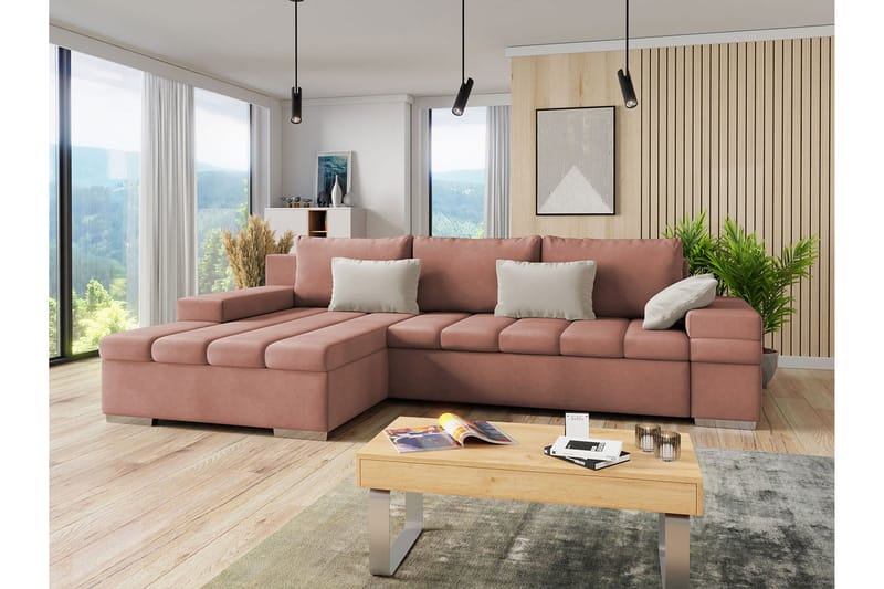 Bäddsoffa m. Divan Consuelo 3-sits L-formad - Rosa - Möbler - Soffa - Bäddsoffa - Bäddsoffa divan
