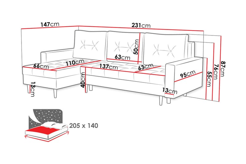 Bäddsoffa m. Divan Kaoru 3-sits med Förvaring - Grå - Sammetssoffa - Bäddsoffa divan