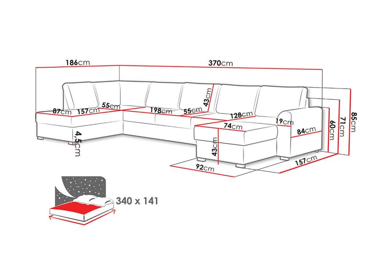 Bäddsoffa m. Divan och Schäslong Dargina - Möbler - Soffa - Bäddsoffa - Bäddsoffa divan