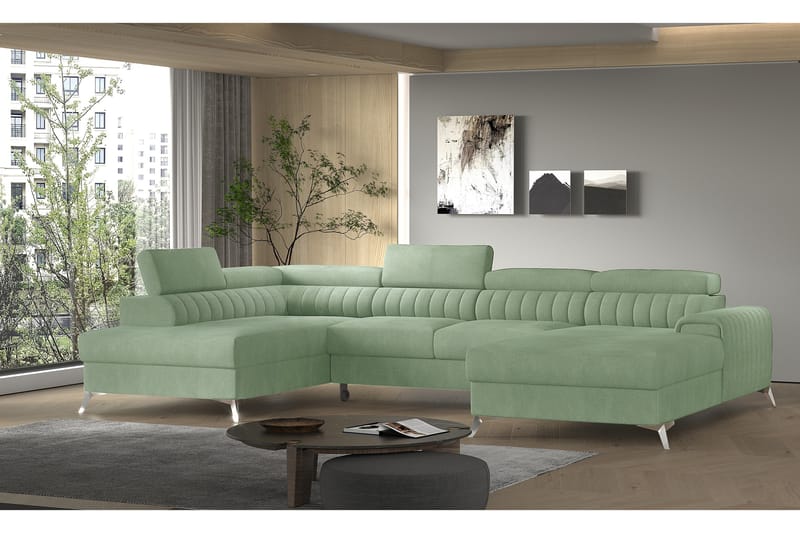 Bäddsoffa m. Divan och Schäslong Kamiko med Förvaring - Ljusgrön - Möbler - Soffa - Bäddsoffa - Bäddsoffa divan