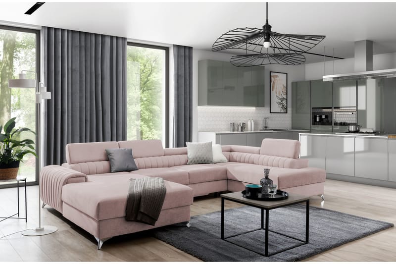 Bäddsoffa m. Divan och Schäslong Kamiko med Förvaring - Ljusrosa - Möbler - Soffa - Bäddsoffa - Bäddsoffa divan