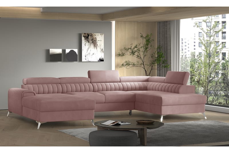 Bäddsoffa m. Divan och Schäslong Kamiko med Förvaring - Rosa - Bäddsoffa divan