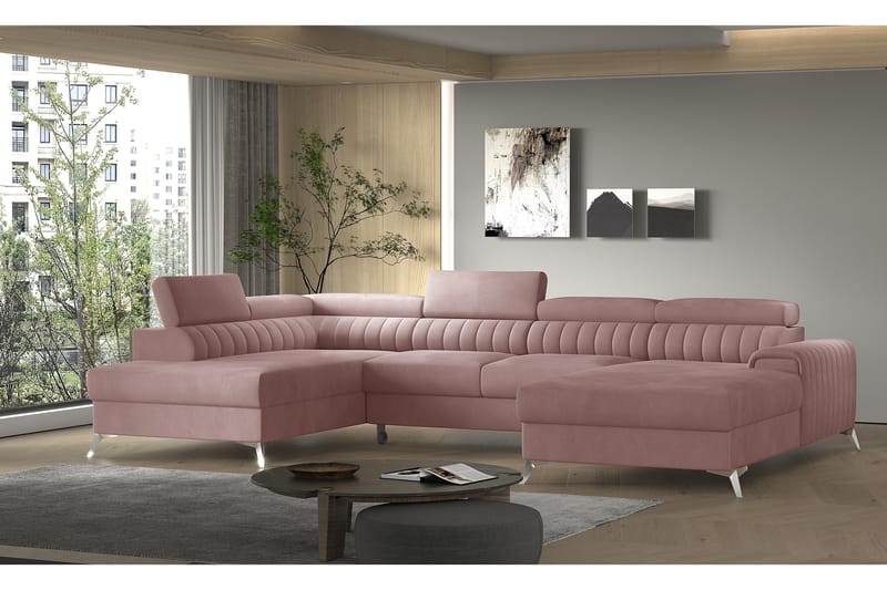 Bäddsoffa m. Divan och Schäslong Kamiko med Förvaring - Rosa - Bäddsoffa divan