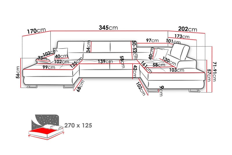 Bäddsoffa m. Divan och Schäslong Oertel Förvaring 4-sits 270 - Brun - Bäddsoffa divan