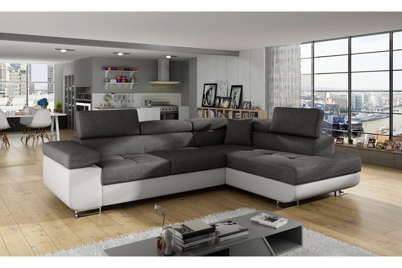 Bobis Bäddsoffa med Schäslong Höger, Grå/Vit