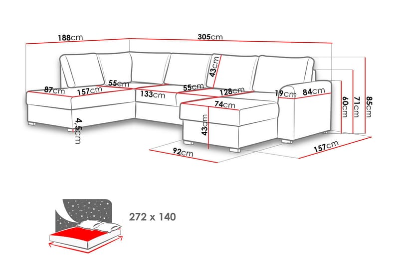 Dargina 6-sits Bäddsoffa Höger - Grå - Möbler - Soffa - Bäddsoffa - Bäddsoffa divan