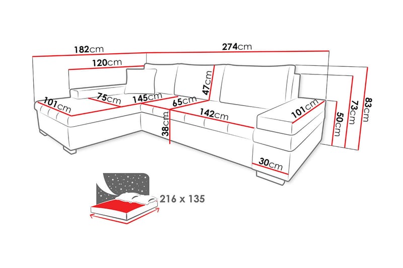 Divanbäddsoffa Consuelo 274x182x83 cm - Grå - Bäddsoffa divan