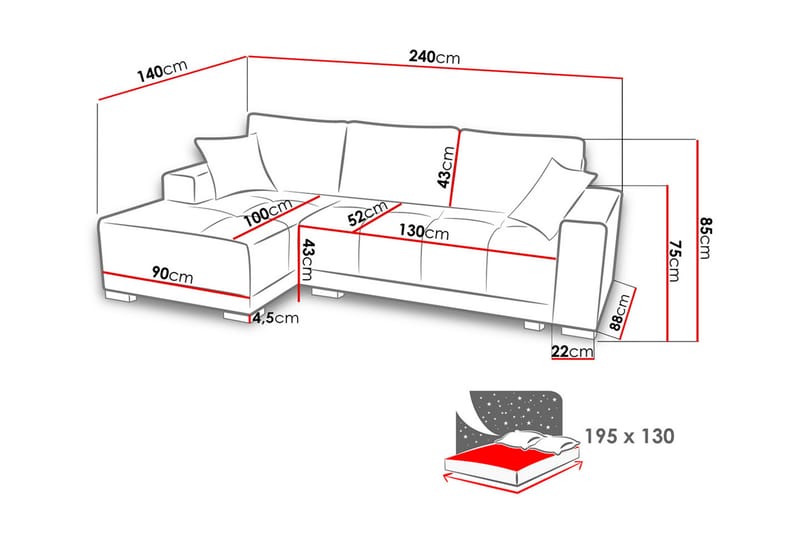 Divanbäddsoffa Dallas 240x140x80 cm - Grå - Möbler - Soffa - Bäddsoffa - Bäddsoffa divan