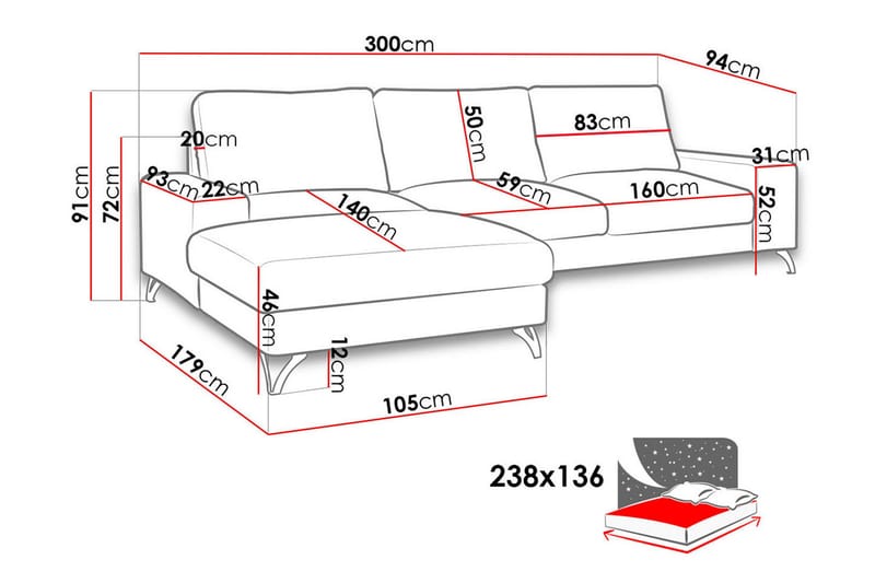 Divanbäddsoffa Flavio 300x94x91 cm - Grå - Möbler - Soffa - Bäddsoffa - Bäddsoffa divan