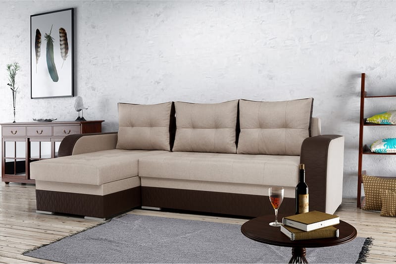 Divanbäddsoffa Sydney 238x140x88 cm - Brun/beige - Bäddsoffa divan