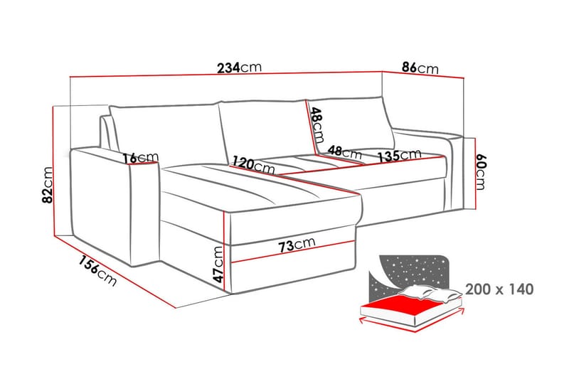 Domino 3-sits Hörnsoffa L-formad Bäddbar 140x200 cm med Förvaring i Tyg - Grå - Möbler - Soffa - Bäddsoffa - Bäddsoffa divan