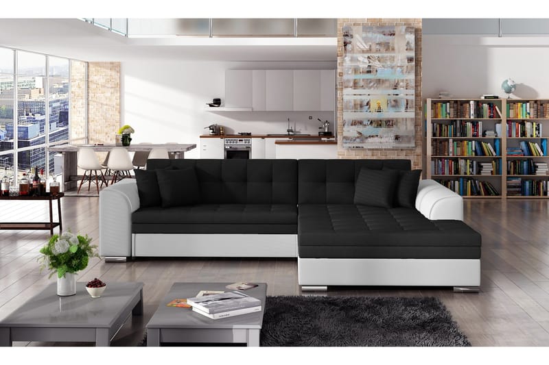 Falseti 3-Sits Vänstervänd L-Formad Bäddsoffa Längsbäddad 126 cm i Tyg och Läder - Svart|Vit - Möbler - Soffa - Bäddsoffa - Bäddsoffa divan