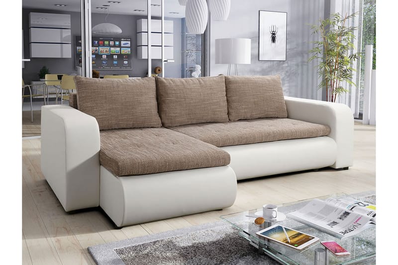 Hörnbäddsoffa Ozello - Vit/Beige - Skinnsoffa - Bäddsoffa divan