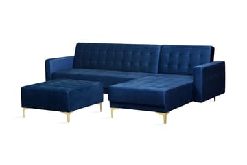Hörnbäddsoffa Westerleigh med Fotpall Sammet - Blå - Möbler - Soffa - Bäddsoffa - Bäddsoffa divan