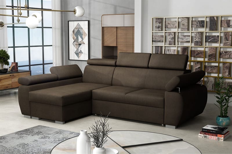 Halliday 2-sits Hörnsoffa Vänster Bäddbar med Förvaring i Tyg - Brun - Möbler - Soffa - Bäddsoffa - Bäddsoffa divan